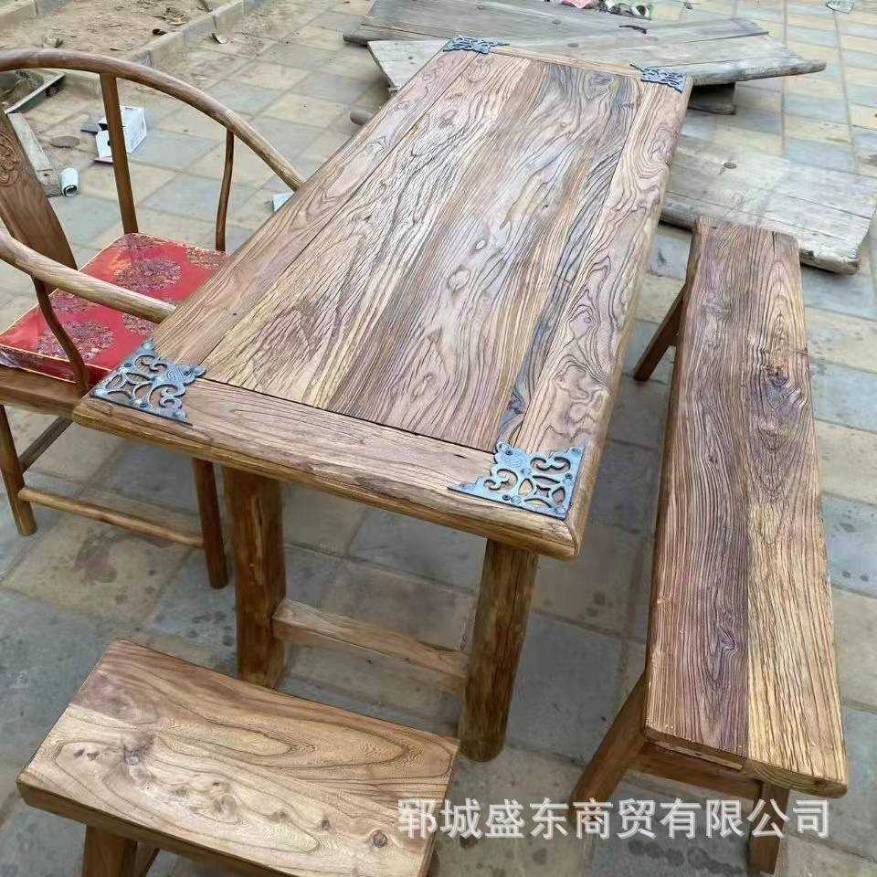 复古怀旧老榆木餐桌自然纹理门板桌实木方形家用简易八仙桌椅组合