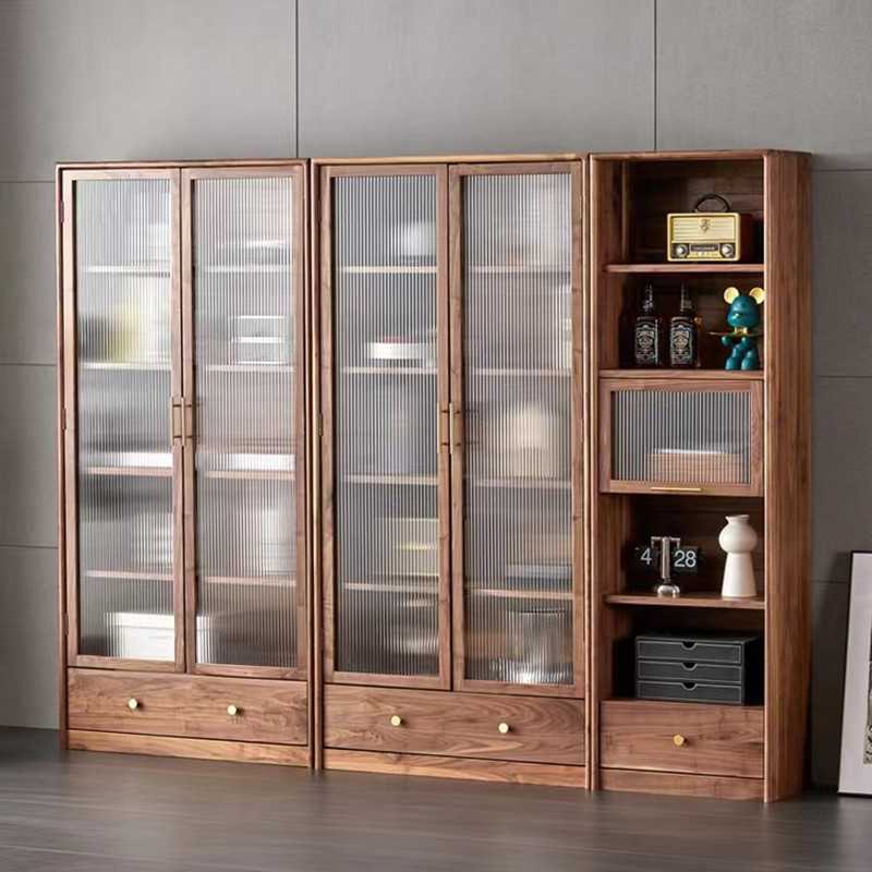 黑胡桃木组合书柜玻璃门防尘实木展示柜北欧现代简约靠墙书架落地