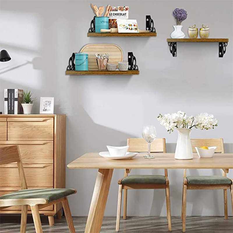 现代简约质朴墙壁浮动搁板3件套乡村风格墙架多功能金属支架收纳