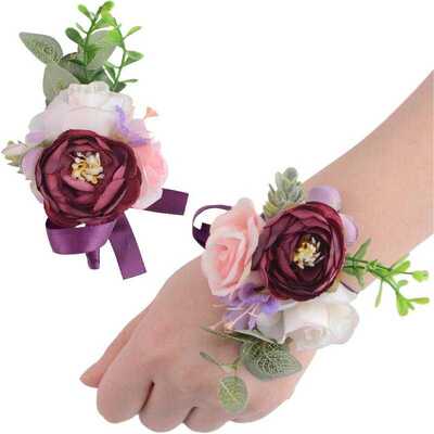 Wrist Corsage and Boutonniere Set Purple and White Rose Hand