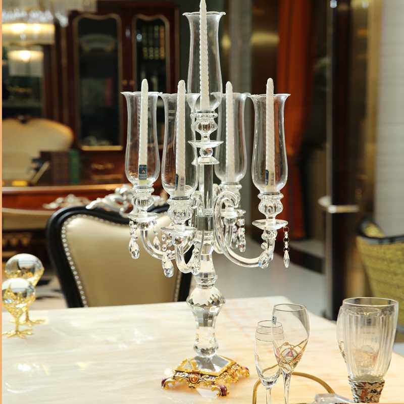 欧式复古五头水晶玻璃蜡烛台样板房软装饰品婚庆婚礼餐桌烛台摆件