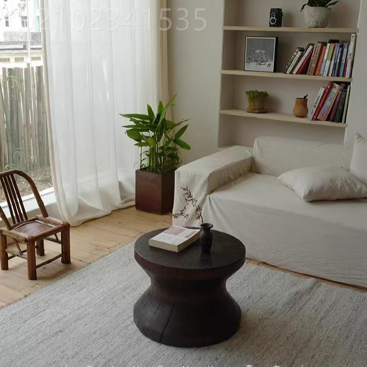 实木茶极几碳化黑色侘寂风日式墩家用简厅客民宿家具BIV圆形原木