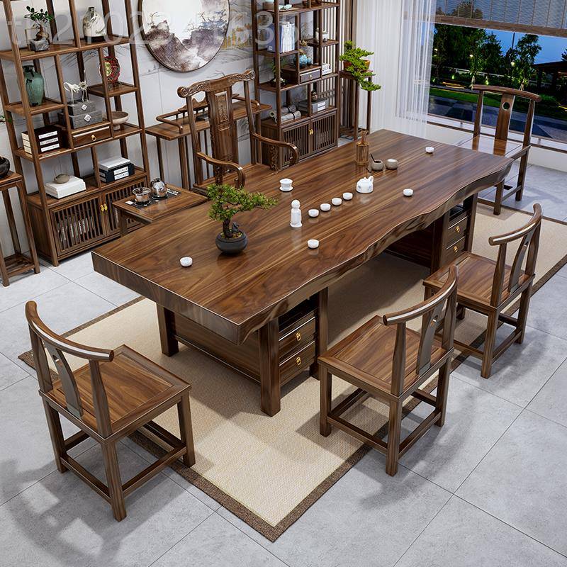 my新中式实木板大板茶桌椅组合北YQI木美黄杉原整板装茶几整办公