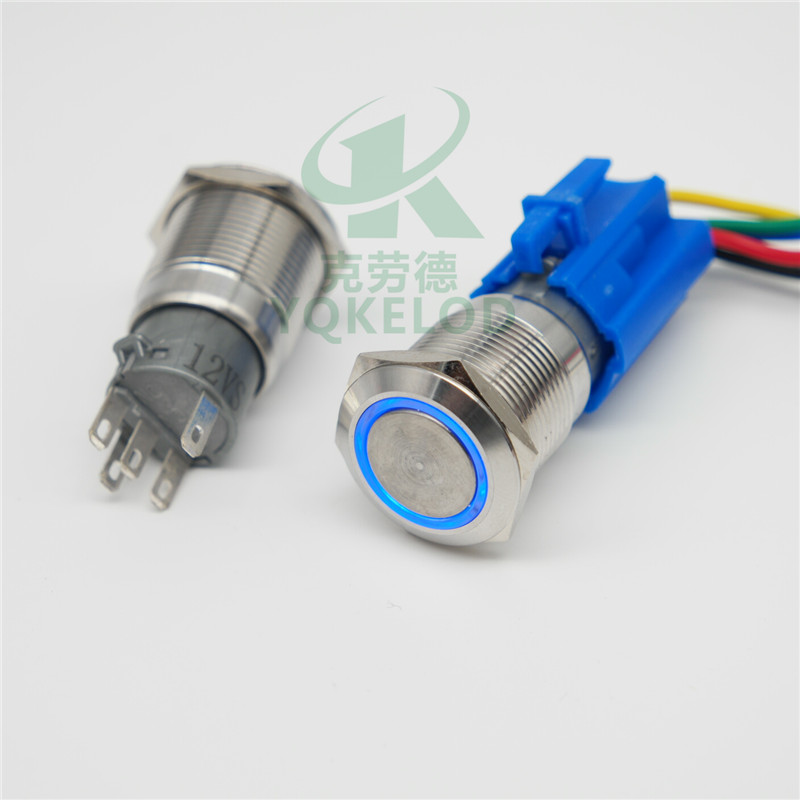 送连接线 纯不锈钢 19mm金属按钮开关 复位 平头防溅 带环形LED灯