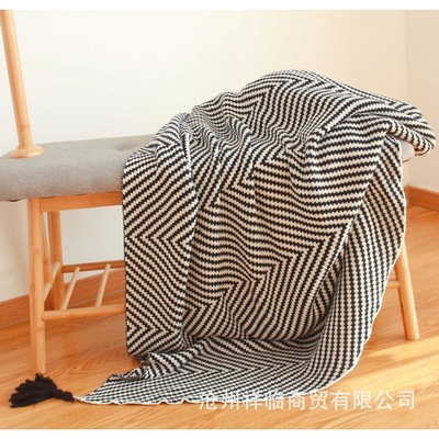 北欧风针织黑白条图案毯毛毯针织毯毛线毯子沙发盖毯毯子
