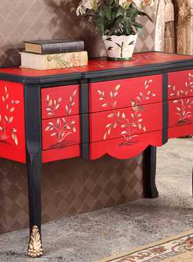 至高 美式乡村玄关柜高档两斗装饰柜橱窗柜手绘花鸟红色餐边柜