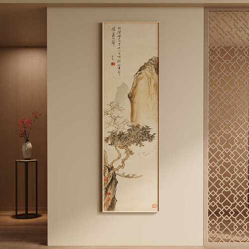宋代美学山水画入户门玄关装饰画高档客厅走廊楼梯间挂画竖版长条