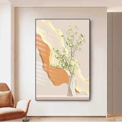 奶油风入户玄关装饰画现代简约绿植落地画客厅走廊过道挂画正对门图片