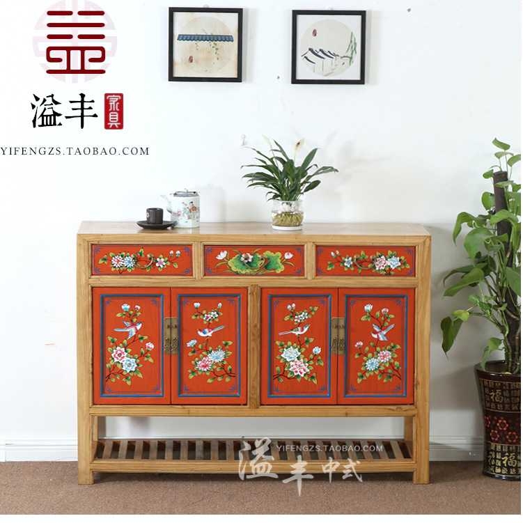 现代新中式古典实木彩绘鞋柜做旧复古手绘玄关柜隔断储物门厅家具