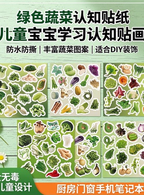 6张半切款绿色蔬菜vegetables青菜写实贴纸儿童宝宝学习认知贴画装饰手机笔记本水杯平板DIY厨房门窗防水贴画