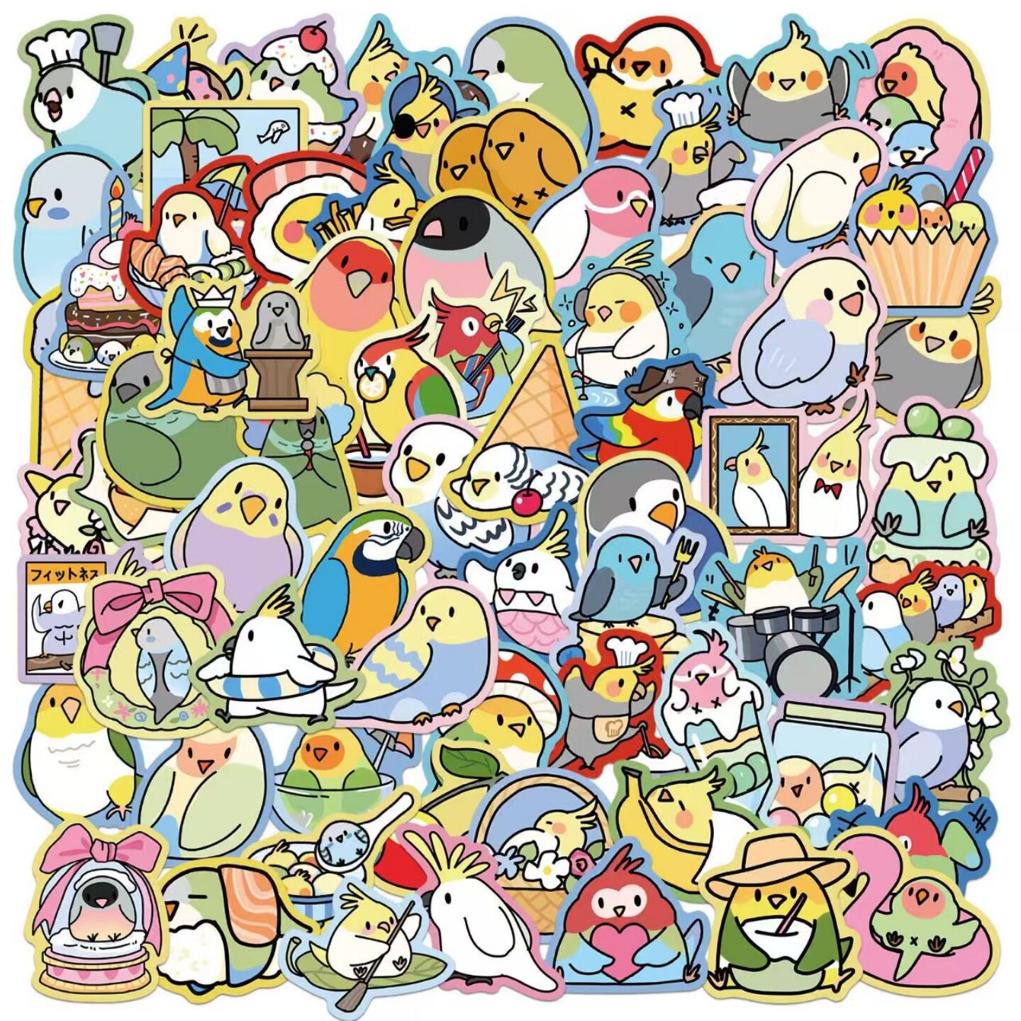 70张卡通小鹦鹉不干胶贴纸儿童手账创意装饰可爱动物文具手账水杯平板电动车汽车diy卡通可爱小鹦鹉防水贴纸