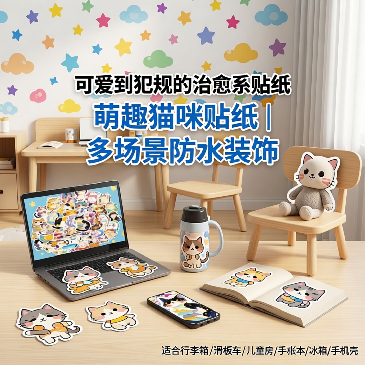 6张/套可爱卡通动漫涂鸦猫咪贴纸装饰行李箱笔记本电脑滑板车儿童房手账本冰箱手机壳水杯卡通动漫周边防水贴