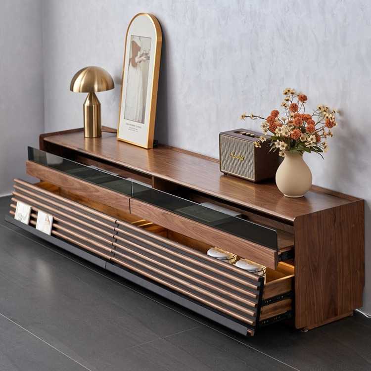 北欧黑胡桃木实木电视柜复古客厅落地柜储物柜现代简约灯光