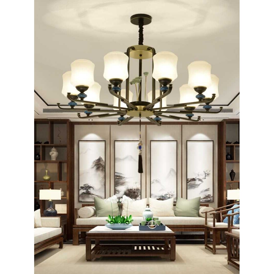 客厅新中式荷花吊灯8头客厅LED灯饰风铁艺灯具餐饮店复古装饰