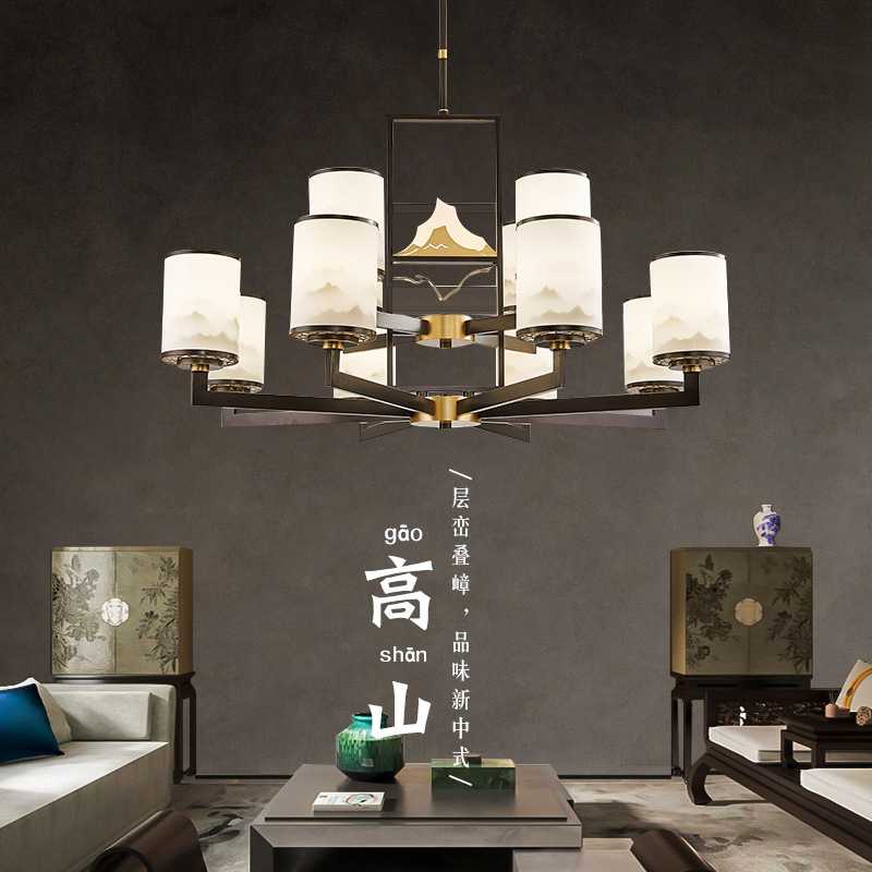 新中式客厅灯现代简约家用大气山水禅意大吊灯中国风别墅全铜灯具