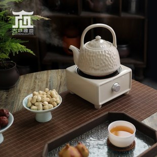 功夫茶具电陶炉套装 家用白泥粗陶提梁草木灰烧水煮茶壶新中式 静音