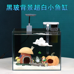 金晶超白小魚缸客廳桌面造景玻璃缸全套小型生態(tài)缸免換水黑玻背景