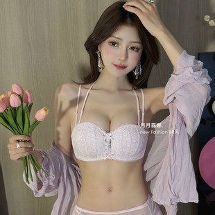 蕾丝文胸 侧扣无肩b带内衣女防滑聚拢显大裹胸无钢圈隐形抹胸夏季