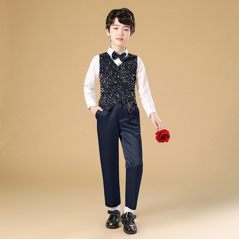 男童钢琴礼服四件套演出服儿童幻彩灰亮片马甲衬衫西裤套装表演服