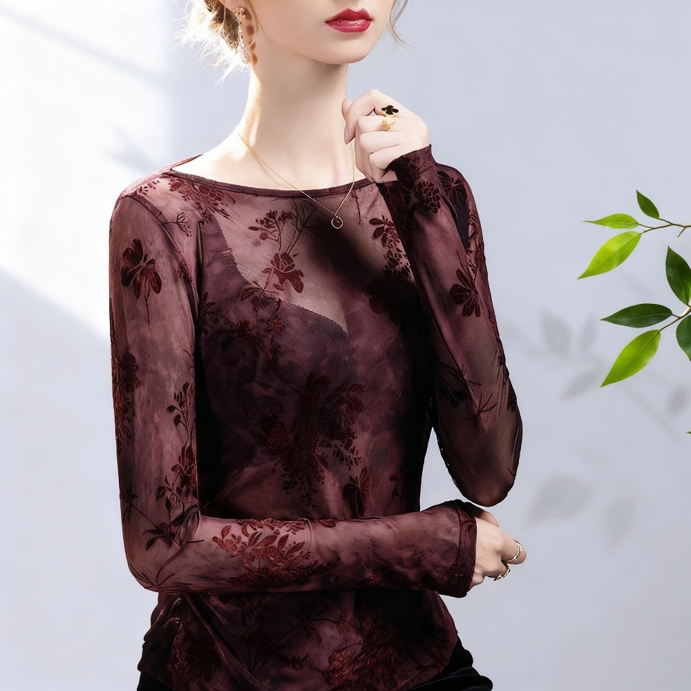 2025秋季新款小衫网纱透视打底衫