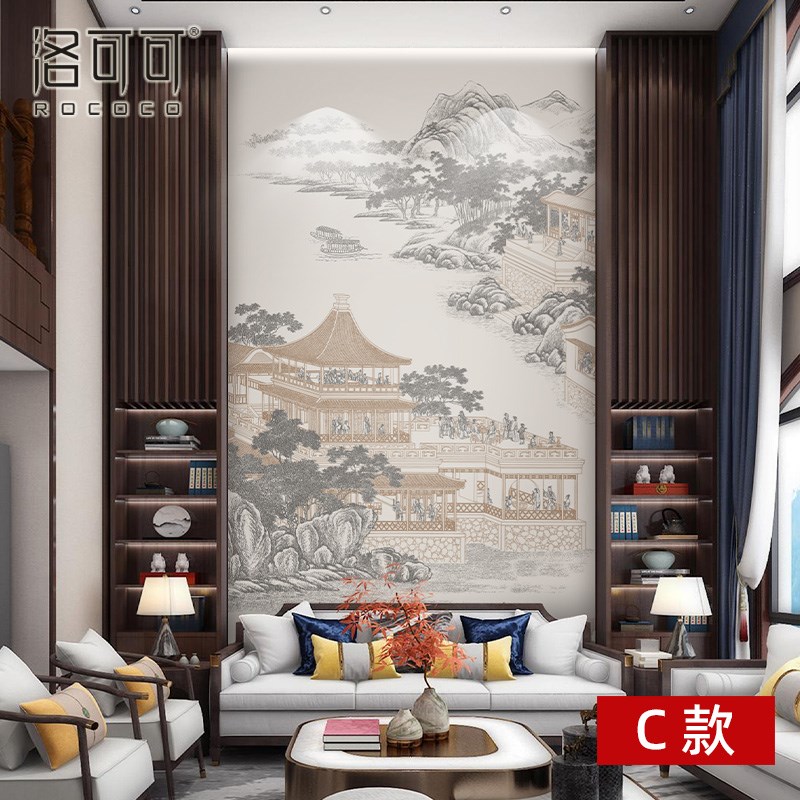 2025新中式山水墙纸背景墙壁纸别墅客厅挑N高楼阁建筑壁布玄关墙
