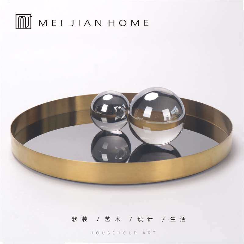 现代简约创意镜面圆形托盘合收纳盘样板房摆件客厅茶几桌面装饰品