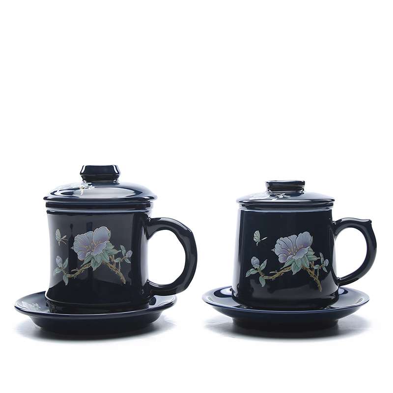 陶客轩蝶恋花霁蓝色马克杯陶瓷带过滤茶杯大容量办公泡茶杯可logo