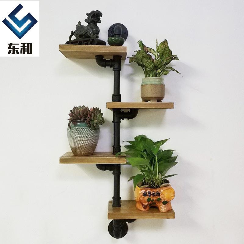 创意复古铁艺墙上水管置物架 实木壁挂书架墙壁一字隔板装饰花架