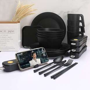 跨境黑色竖纹小麦秸秆碗杯盘碟便携餐具套装家用麦片碗意面餐盘