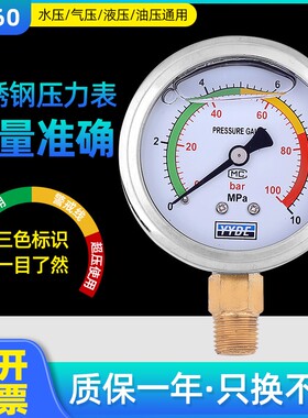 不锈钢耐震压力表YN60/25/40MPA液压油压表水压表防震气压表2.5