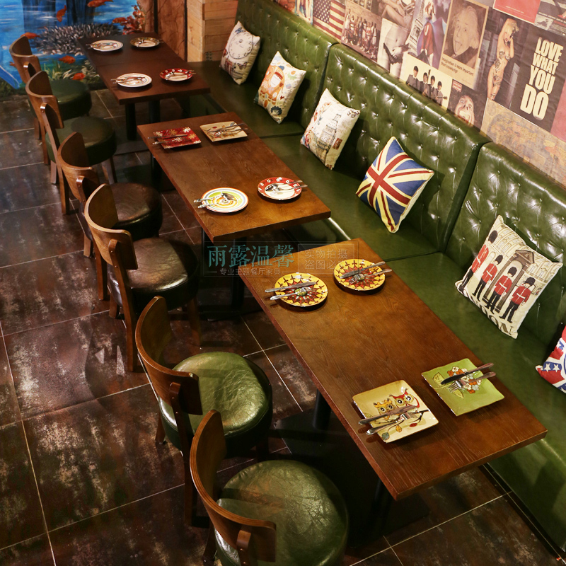 主题西餐厅咖啡厅奶茶甜品店休闲咖靠墙双人沙发桌椅组合卡座沙发