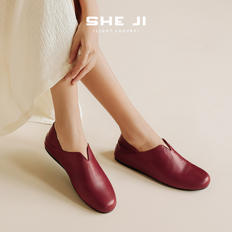 SHEJI奢季 小羊皮穆勒鞋女圆头一脚蹬可踩穿极简老钱真皮懒人单鞋