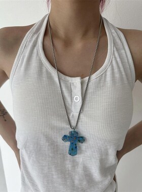 atmshop夸张琉璃洒金十字架吊坠长款项链y2k千禧复古辣妹毛衣链