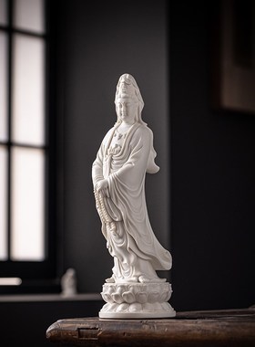 新中式德化白瓷站立像观世音菩萨像陶瓷南海观音家用装饰灯圈摆件