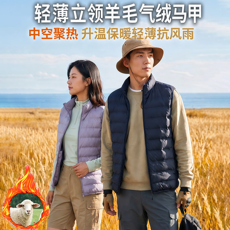 男女情侣款羊毛马甲秋冬季外穿加厚羊毛夹层保暖背心拉链坎肩外套