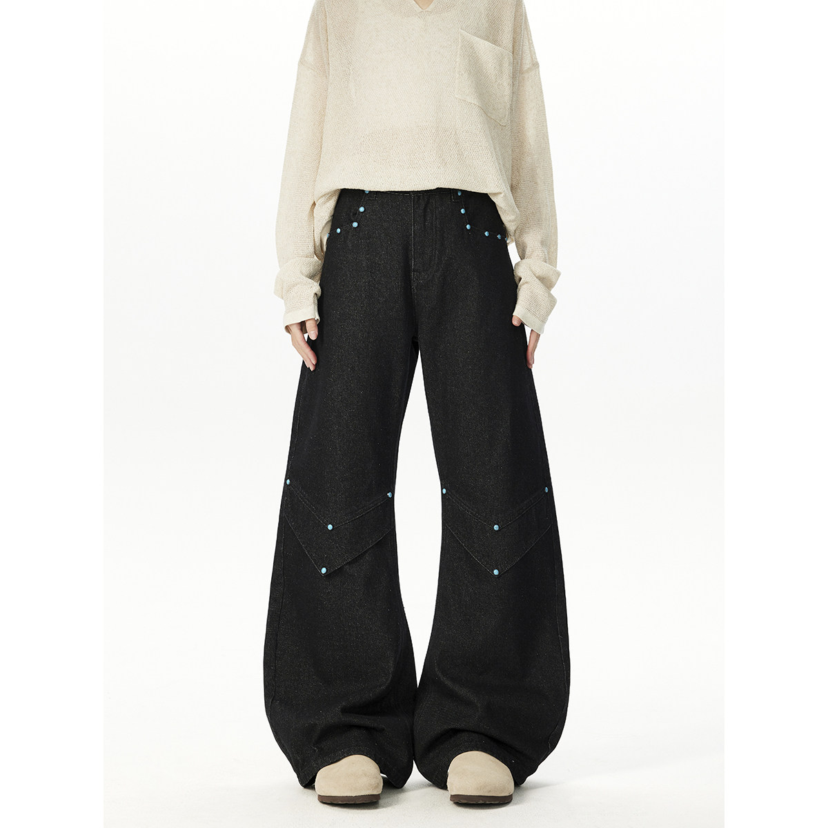 美式复古弯刀阔腿牛仔裤秋冬铆钉设计宽松显瘦垂感直筒长裤潮,男装,牛仔裤,淘宝优惠券,粉丝福利购,淘宝优惠卷