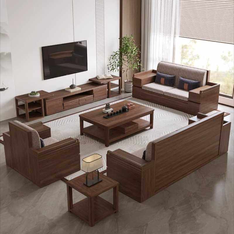 冬夏两用南美黑胡桃木实木沙发组合全实木储物木质小户型客厅中式