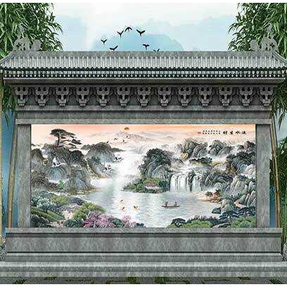 迎客松瓷画 瓷砖背景墙 室外背景墙 仿古瓷砖壁画雕刻拼图画