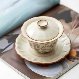 黄汝窑盖碗高档蝉翼开片可养汝瓷三才盖碗功夫茶具个人泡茶碗大号