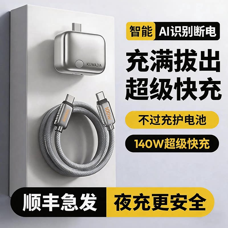 【顺丰次日达】充满AI识别自动断电充电器手机充电140W快充数据线适用平板耳机电脑充电Type-C自动断电数据线