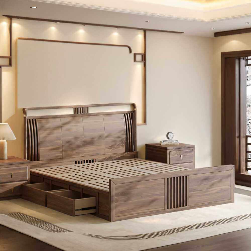 新中式黑胡桃木双人床禅意卧室家具储物全实木1.8米1.5床婚床