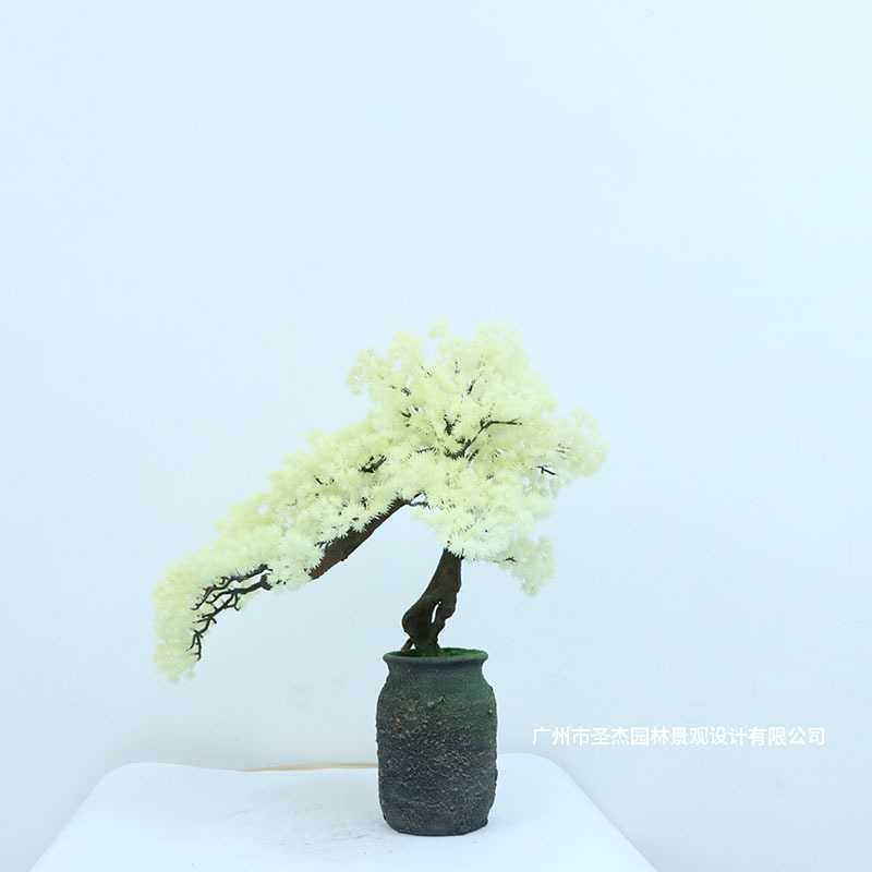 仿真米白幼松盆景摆件仿真植物中式仿真迎客松别送客厅书房装饰品