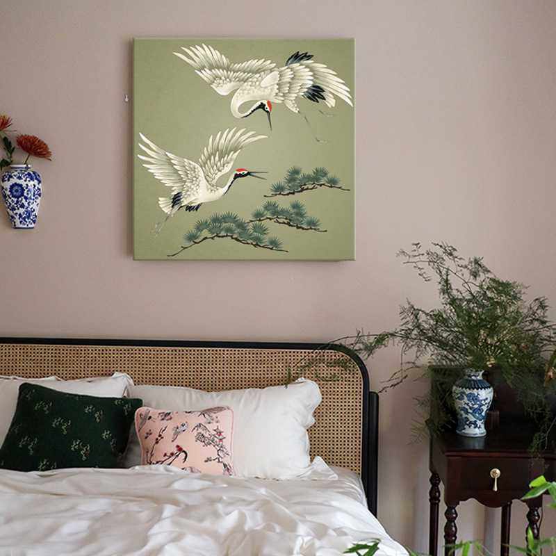 松鹤延年 新中式中国风挂画客厅玄关卧室无框画沙发背景墙画