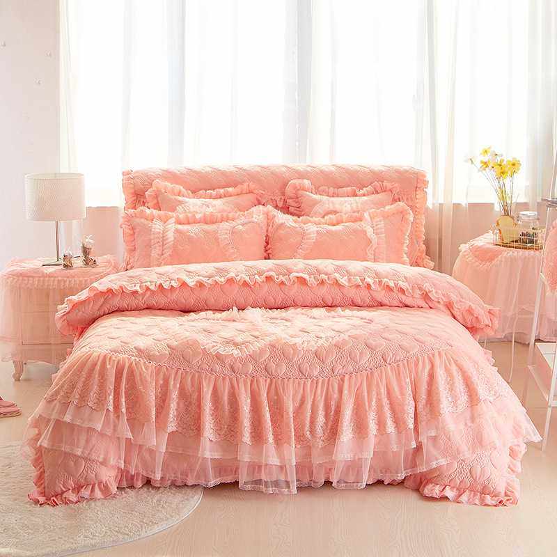 公主风夹棉床裙婚庆四件套大红喜庆结婚床上用品加厚床罩蕾丝花边