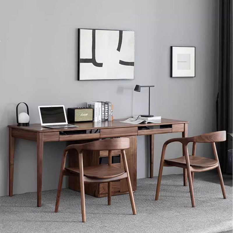 北美黑胡桃木实木双人靠墙学习写字电脑办公书桌北欧简约现代课桌
