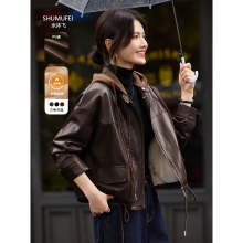 2025超火短款皮外套咖色加绒皮衣外套女酷飒风可拆卸针织帽皮夹克