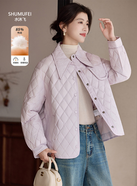 巨好看的秋冬穿搭紫色纽扣菱格翻领衬衫羽绒服女装轻薄白鸭绒外套