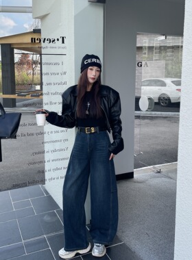 欧货D7666深蓝色加薄绒显瘦弯刀裤2025秋冬新款高腰宽松阔腿长裤