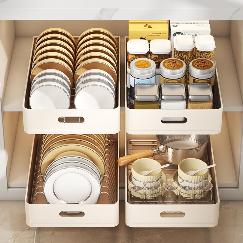 厨房碗碟收纳架橱柜抽拉碗架拉篮柜内抽屉式置物架碗盘盘子沥水架