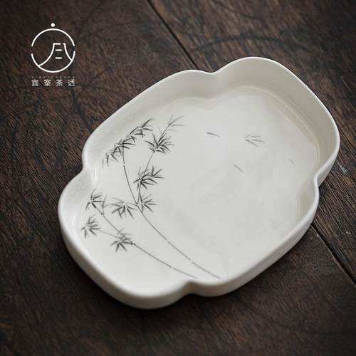 宜室茶话 手绘竹子壶承干泡盘 功夫茶具复古陶瓷花瓣果盘蓄水茶盘
